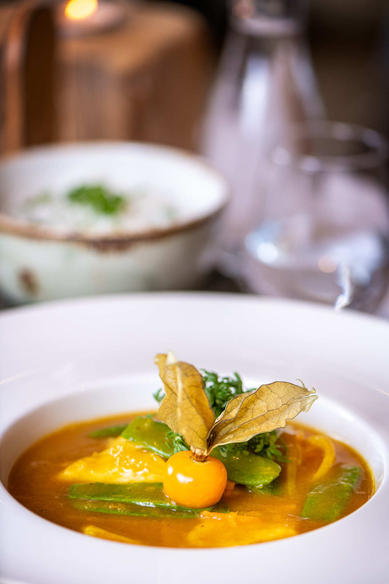 Fine starter in a light sauce with decorative garnish