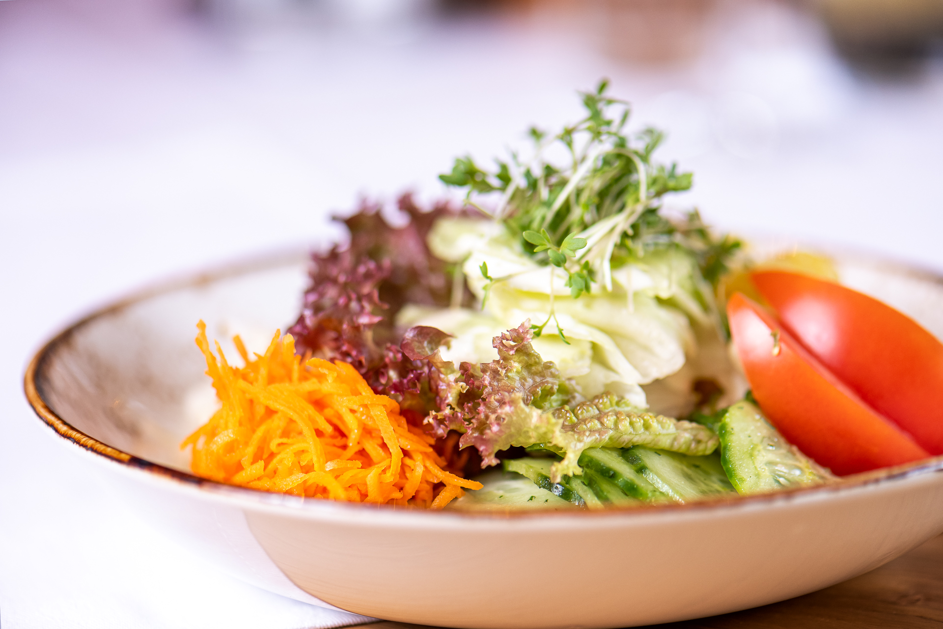 Fresh starter salad with cucumber, carrots, tomatoes and lettuce